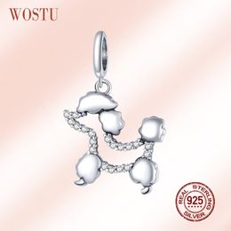 WOSTU 925 Sterling Silver Poodle Pet Dog Bead Shiny Zircon Doggy Animal Charm Fit Original Bracelet Necklace Jewellery CQC1681 Q0531