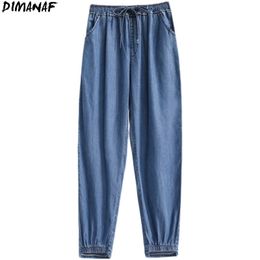 DIMANAF Plus Size Women Jeans Pants High Waist Denim Harem Female Elastic Drawstring Pockets Blue Trousers Large Size S-5XL 210623
