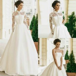 Vintage Satin Wedding Dresses Lace Long Sleeves Gowns High Neck Detachable Jacket Strapless Custom Made Sweep Train Covered Buttons Robe de mariee