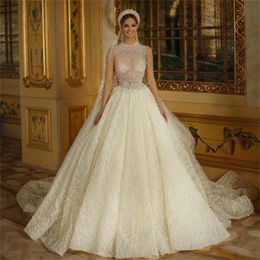 Luxury Pearls Wedding Dresses Lace Illusion Top Retro Bridal Dress A Line Sheer Long Sleeve vestido de novia