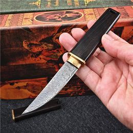 New High End VG10 Damascus Steel Blade Straight Knife Drop Point Blades Brass + Ebony Handle Knives With Wood Sheath