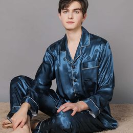Pajama Male Fashion Jacquard Ice Silk Summer Spring Cool Sets Soft Thin Long Sleeve Sleepwear+Long Trousers Suits pyjama 210918