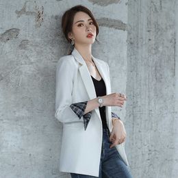 High quality professional ladies white jacket double-breasted plaid sleeves loose female blazer Women's office suit 210527