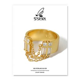 S'STEEL Zircon Rings 925 Sterling Silver For Women Korean Luxury Chain Tassel Gold Adjustable Ring Bague Argent Fine Jewellery 211217