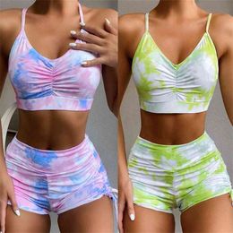 Tie-dye Green Sling with Padded Tops+Side Drawstring Shorts Swimsuit Summer Swimming Suit for Women Two Piece High Waist Bikini 210604