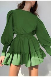 Casual Dresses 2021 College Style Lantern Sleeves Ruffled Women Dress Green Elegant A-line Elastic Waist Mini Female Solid Vestidos