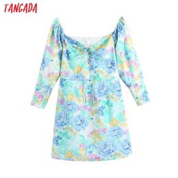 Tangada Women Chic Fashion Floral Print Mini Dress Off Shoulder Vintage Puff Sleeve Back Zipper Female Dresses BE97 210609