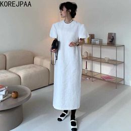 Korejpaa Women Dress Summer Korean Chic Female Minimalist Round Neck Solid Color All-Match Lantern Sleeve Split Vestidos 210526