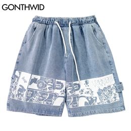 GONTHWID Denim Shorts Cartoon Comics Print Streetwear Short Jeans Mens Summer Harajuku Hip Hop Fashion Casual Baggy Shorts Pants C0325