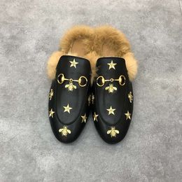 Women Men Leather Half Slippers slides Loafers Winter Warm Wool Slipper Classic Metal Buckle Embroidery Stylist Shoes