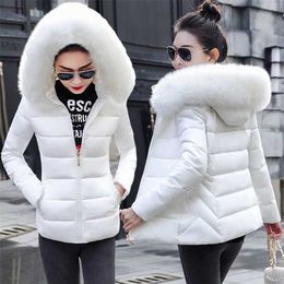 Autumn Winter Jacket Women Parkas Fur Collar Hooded Down Cotton Padded Parka Female Short Coat Slim Warm Outwear 211216