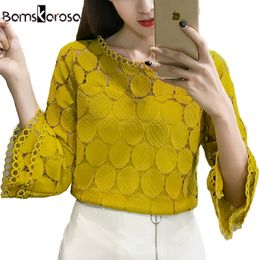 White Lace Blouse Women Shirt Summer Korean Style Flare Sleeve O-Neck Hollow Out Casual Ladies Lace Tops blusa feminina 210225