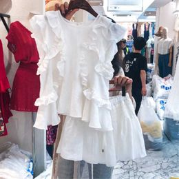 Summer Korean Ruffles O Neck Sleeveless Blouse Women Tops + Elastic High Waist Skirts Short Casual Sets White Fashion Sexy 210610