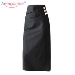 Aelegantmis Korean office lady Bodycon Skirt Women Casual High Waist Female Vintage Solid Black Mid Calf Chic OL 210607