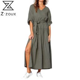 Getspring Women Dress Split Bandage Long Sleeve V-neck Vintage Dresses Plus Size Casual Summer Clothes 210524
