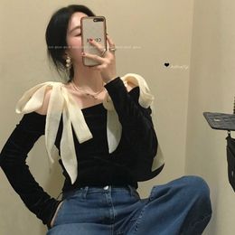 WOMENGAGA Velvet Shirt Women's Strapless Long Sleeve Spring Summer Tops Bow Black Top Asian Girl Female Blouse G3T5 210603