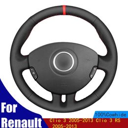 Steering Wheel Covers DIY Car Cover Black PU Faux Leather Red Marker Hand-stitched For Clio 3 2005-2013