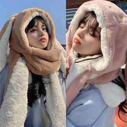 Sweet Cartoon Rabbit Ear Hat Cute Winter Gift Windproof Scarf and Gloves Set Thick Hoodies with Mitten 211126