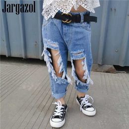 Jargazol Summer Jeans for Girls Fashion Broken Hole Denim Trousers Little Clothes Teenagers Pants Children Clothing 211102