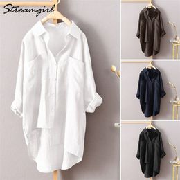 White Linen Shirt Women Long Sleeve Summer Work Wear Linen Blouse Female 5xl Women Blouses Plus Size Women's Shirts With Pocket 210303