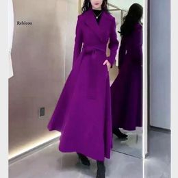 Women's Trench Coats Autumn Winter Fashion Coat Lapel Long Sleeve Purple Over-The-Knee Slim Windbreaker Women Overcoat 2021