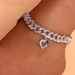 Fashion Summer Cute Chunky Heart Female Anklets Wholesale for Women Men Crystal New Miami Punk Cuban Link Anklet Chain Iced Out