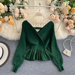 Pull Femme Autumn All-match Solid Knitted Top Green V Neck Ruffled Hem Sweaters Women Puff Sleeve Hollow Out Sueters De Mujer 210610