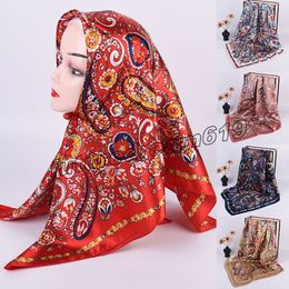 90*90cm Square Satin Silk Scarves Women Silk Head Scarf Ladies Wrap Printing Bandanna Female Smooth Silky Hijab Shawls