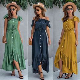 Fashion Ruffled Women's Dress, One-word Collar, Button-tethered Long Skirt, Irregular Backless Street Style Skirt XL 2XL 210623