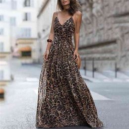 Fashion Sexy Dress Leopard V-Neck Sling Maxi e Summer Sleeveless Chiffon Beach Long Robe Tops 210721