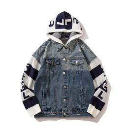 Men's Jackets Hip Hop Oversized Printed Denim Hooded High Street Washed Casual Jeans Coats For Male Clothing Knitted Sleeves