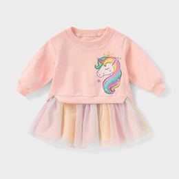 Fall Winter Kids Cacual Knit Cotton Tutu Dress for Little Girls Unicorn Korean Baby Clothes Rainbow Color Clothing 210529