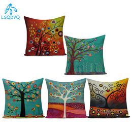 Cushion/Decorative Pillow Pillows Oil Painting Green Tree Flower Cotton Linen Cover Decorative Sofa Cushion For Living Room Decoration