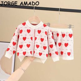 Wholesale Spring Valentine's Day Girls Outfits Love Heart Key Print Long Sleeve Sweater Skirt Suits Girl Clothing BR001 210610