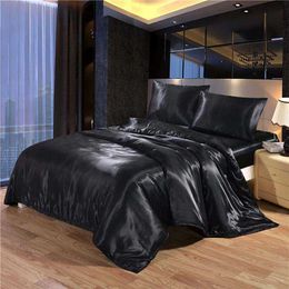 Luxury Black Satin Bedding Set King Double Size Summer Used Bedding Kit Quality Duvet Cover Sets with Zipper 4pcs 210706