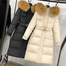 Large Real Raccoon Fur Long Down Jacket Women 90% White Duck Down Coat Loose Hooded Thick Parkas Female Overcoat With Belt 211012