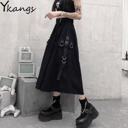 Summer Black Cargo Skirts Girls gothic chain Side Ring Pocket Midi Skirt Women Korean Hip Hop Streetwear Harajuku Long Saia 210619