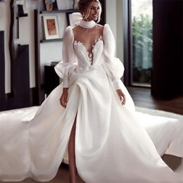 Lindo branco marfim princesa vestidos de noiva longos vestidos de noiva uma linha sheer alto pescoço sopro de mangas completas Split laço vestido de noiva feito sob encomenda