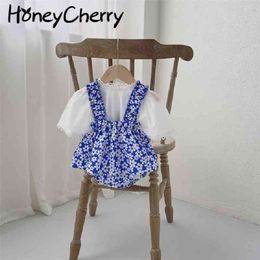 Summer baby short sleeved top + suspenders pantsuit floral romper born girl clothes 210701