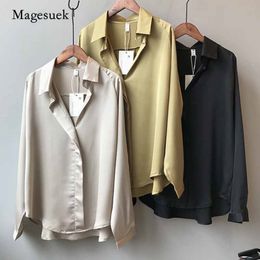 Spring V-Neck Street Shirts Elegant Imitation Silk Blouse Women Fashion Long Sleeves Satin Blouse Vintage Femme 5273 50 210315