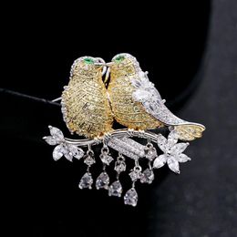 Pins, Brooches Brand Fashion Two Love Birds Exquisite CZ Stone Waterdrop Tassels Pin Badge Women Gifts Charm Jewellery Accessories