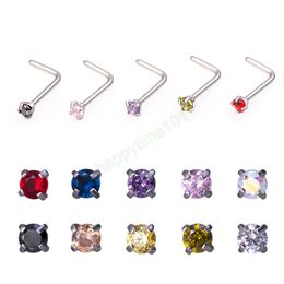 Crystal Nose Stud Piercing Set Zircon Gem L Shape Nostril Stainless Steel Nariz Bone Ring Stud for Women Body Jewelry