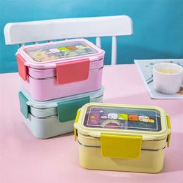 Portable Stainless Steel Lunch Box Double Layer Cartoon Food Container Box Microwave Bento Box for Kids Children Picnic School 211108