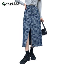 Chic Checked Jeans Skirts Women Autumn Vintage High Waist Patchwork Denim Female Plus Size A-Line Split Sexy Saias 210601