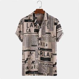 Men Shirts Fashion Vintage spaper Print s 65% Cotton Casual Holiday Short Sleeve For Hawaiian Shirt 210626