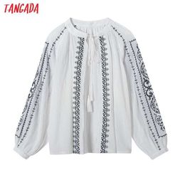 Tangada Women Embroidery Cotton Tassel Kimono Jacket Loose Long Sleeves Ladies Vintage Coat 6H46 210609