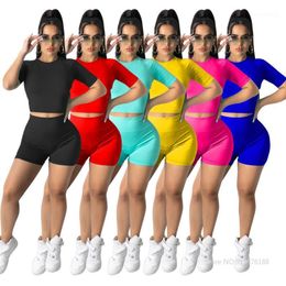 Women's Tracksuits Ajoc Solid Color Elastic Active Tracksuit Women Short Sleeve T-Shirt And Shorts Two Piece Set Summer Sweat Outfits S-XXL
