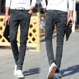 Korean Men's Snowflake Jeans Youth Fashion Casual Slim Elastic Pants Leggings