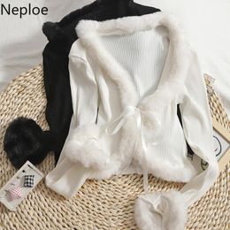 Women's Knits & Tees Neploe Fall Fashion Cropped Cardigan Lace Up Patchwork Fur Collar Knitted Sweater For Women 2021 Korean Temperament Sli