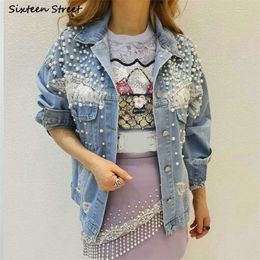 Pearls Embellished Denim Jacket For Women Light Blue Vintage Coat Bead Embroidery Autumn Winter Outwear 211014